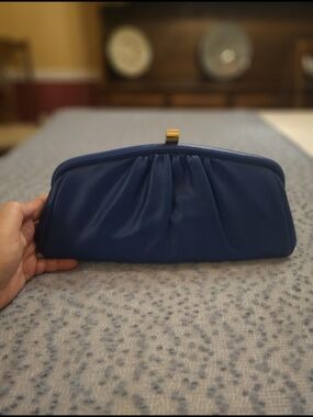 Vintage 1960's Navy Blue Pleated Clutch With Kiss Clasp and Striped Lining